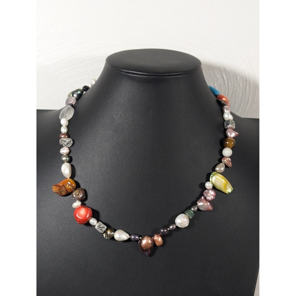 Colorful Pearl Stone Glass Beaded Necklace 18" Artisan Boho Statement